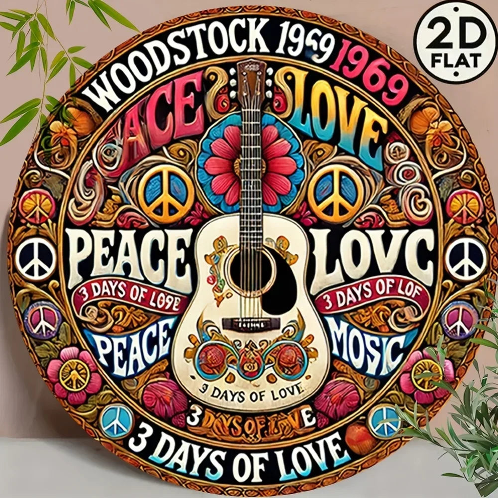 Décoration d'intérieur, design rétro Peace and Love avec guitare et fleurs, décoration d'intérieur - Nouvel An, Saint-Valentin, décoration musicale