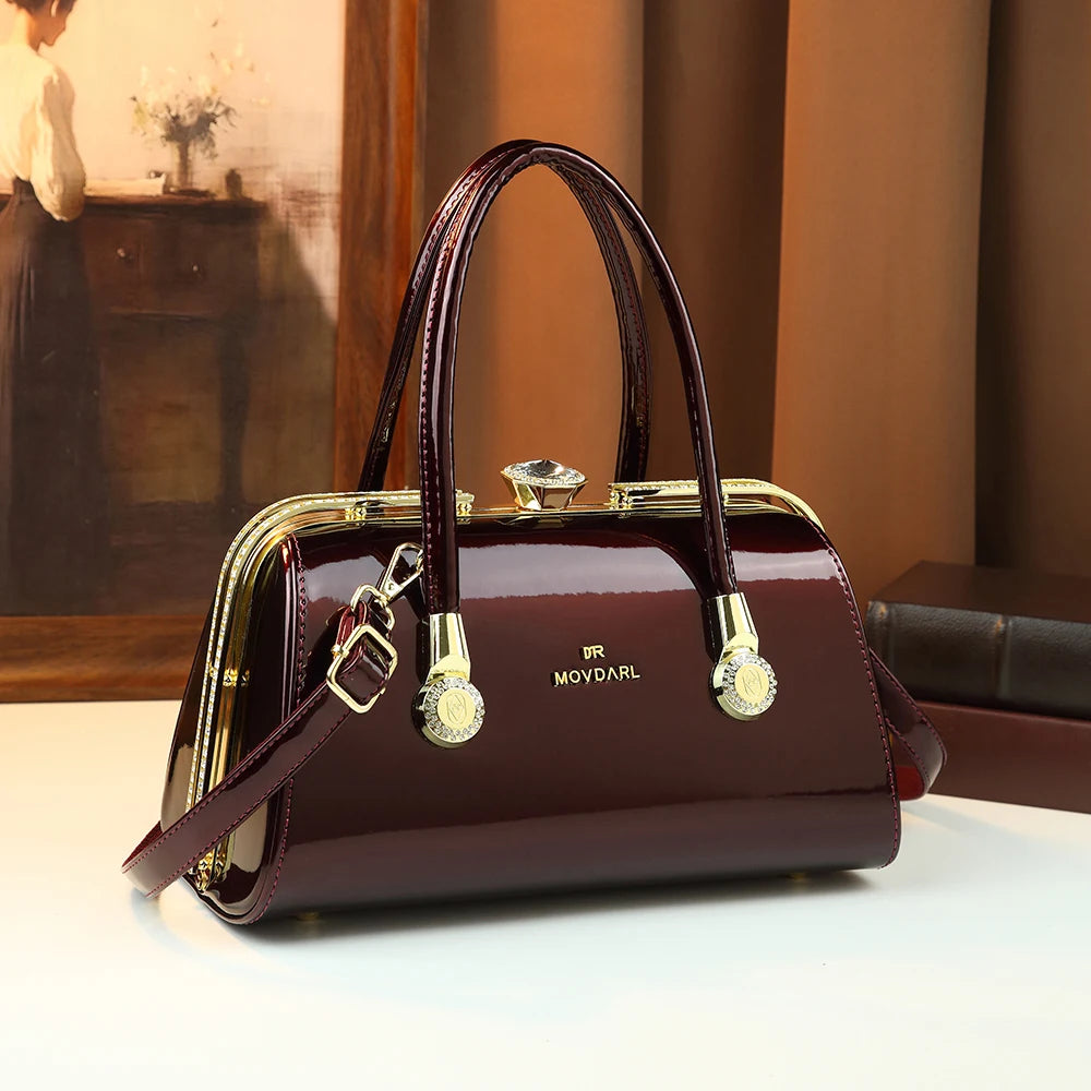 2026 New Retro Lacquer Leather Diamond Set Handbag, Banquet Wedding Shoulder Bag
