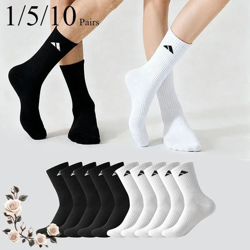 5/10/20 Pairs of Men's High-Waisted Solid-Color Unisex Sports Socks, Black and White, Breathable Mid-Calf Casual Socks for All Seasons, Men's Basketball Socks