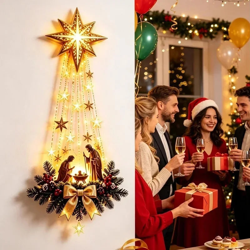 Decoración navideña de Belén* Estrella de la Fe* Adorno luminoso de nacimiento para pared Adorno colgante de Navidad resplandeciente Luces LED Decoración de interior Fiesta