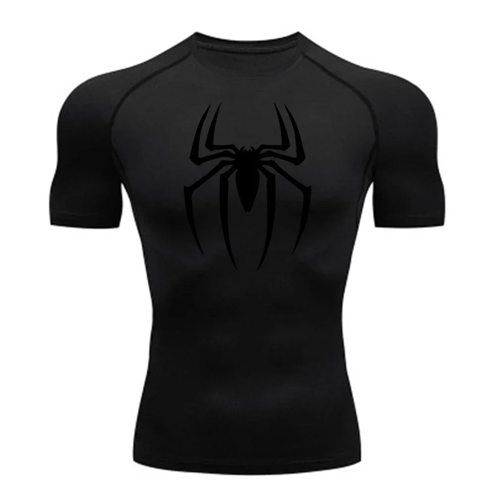 2023Men's Spider Print Compression Shirt, Quick Dry T-Shirt, Gym Running Jersey, Breathable Short Sleeve, Spring, Summer, S-3XL