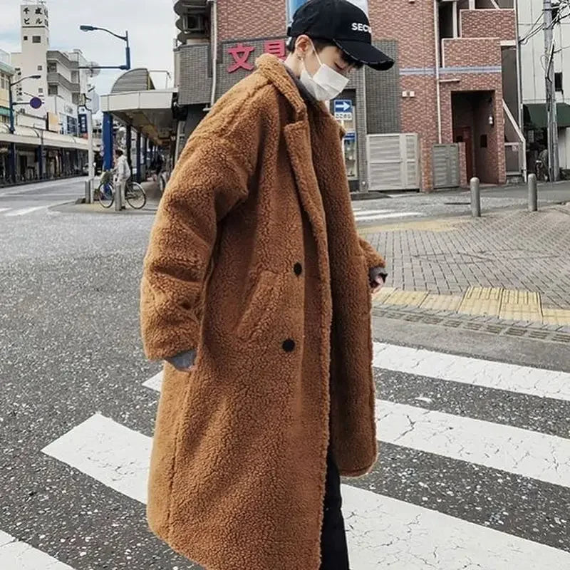 Lamb wool big thickened long coat men's winter particle wool large size padded jacket Hong Kong style unisex warm windbreaker