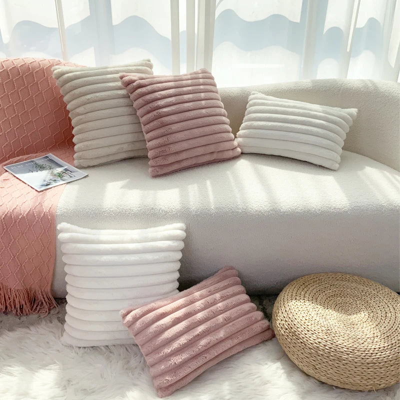 BUYNOW 1PC Faux Rabbit Fur Plush Pillow Cover 30x50cm Soft Fluffy Striped Cushion Cover 45x45cm Home Decor Pillow Cover for Sofa