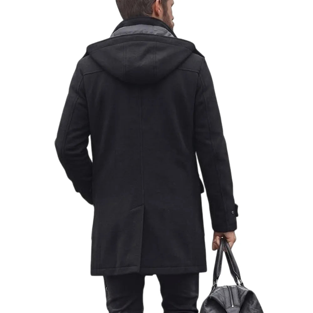 Mid Length Jacket Men Hooded Wool Blends Coats Zipper Buttons Overcoat Full Sleeve Trench Coat Y2k Streetwear Work Autumn Winter