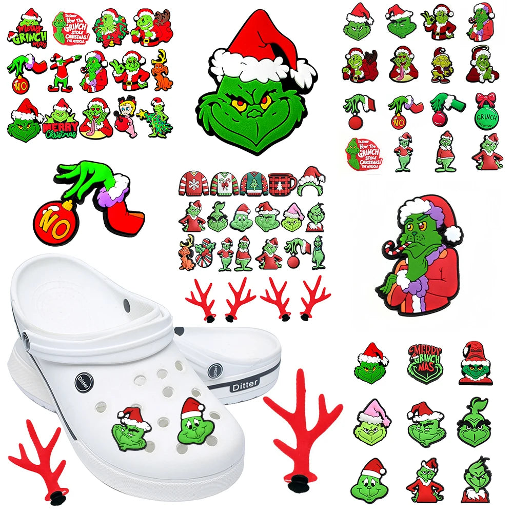 9-22 piezas de adornos navideños verdes de dibujos animados para zuecos, sandalias, zapatos de jardín, accesorios, hebillas, regalos para fiestas infantiles