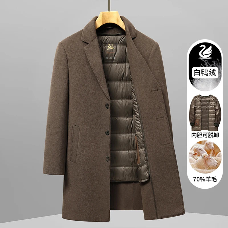 Casual Men's Long-Length Woolen Coats 2026 Winter Detachable Duck Down Liner Overcoat Outwear Warm Wool Windbreaker Puffer Coats