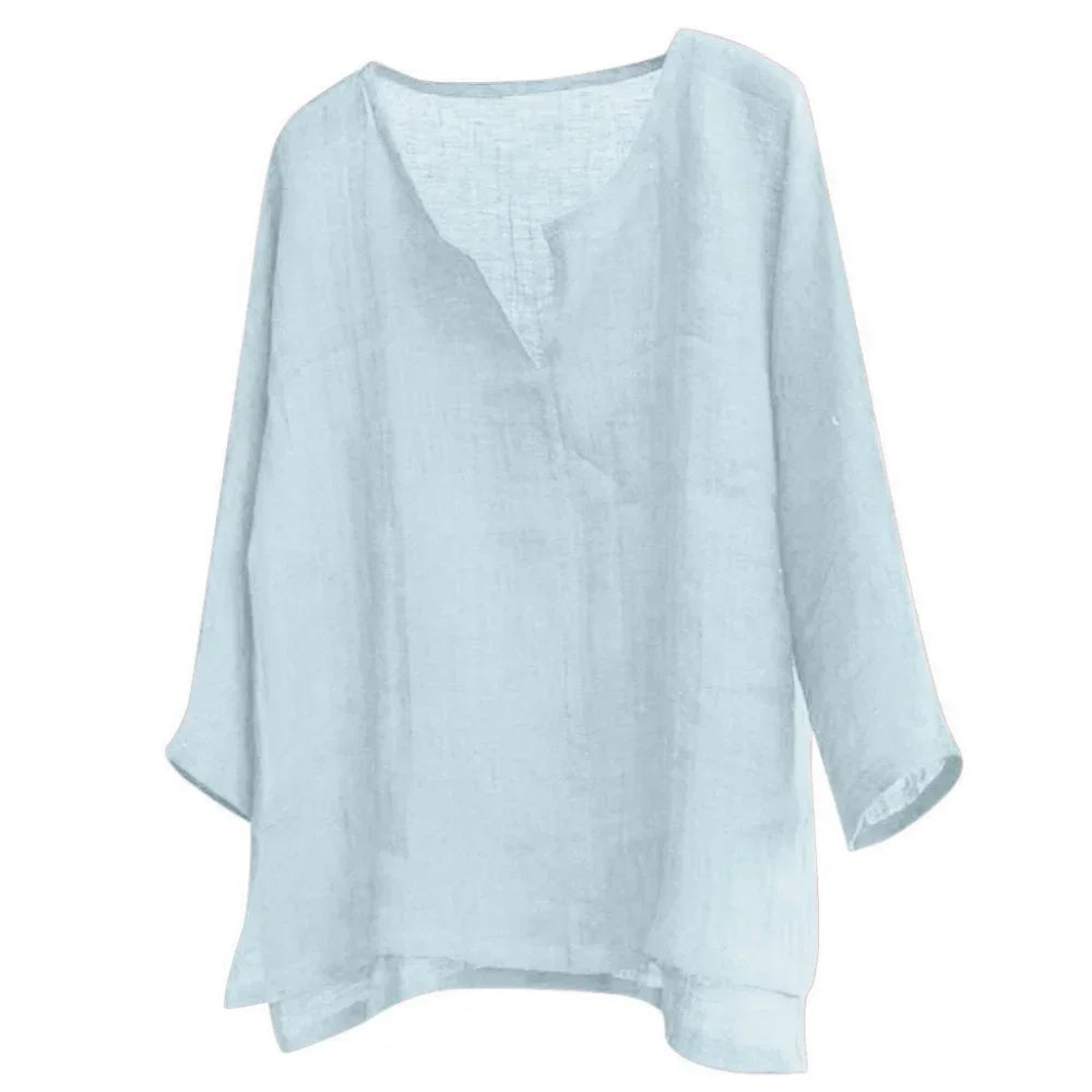 New Summer Autumn Women's Linen Cotton T-shirts Solid Color V Neck Top Casual Loose Long Sleeve Lightweight Pullovers