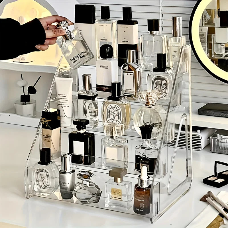Elegant Acrylic Perfume & Cosmetic Organizer – Multi-Tier Clear Display Stand, Sleek Countertop Storage Rack for Your Vanity