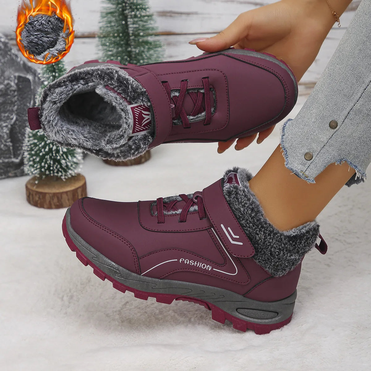 Damen-Winterstiefel, warm und kuschelig gefüttert, mit Plateau, rutschfester Sohle und Fellbesatz, knöchelhoch, für Outdoor-Aktivitäten, Größe 36