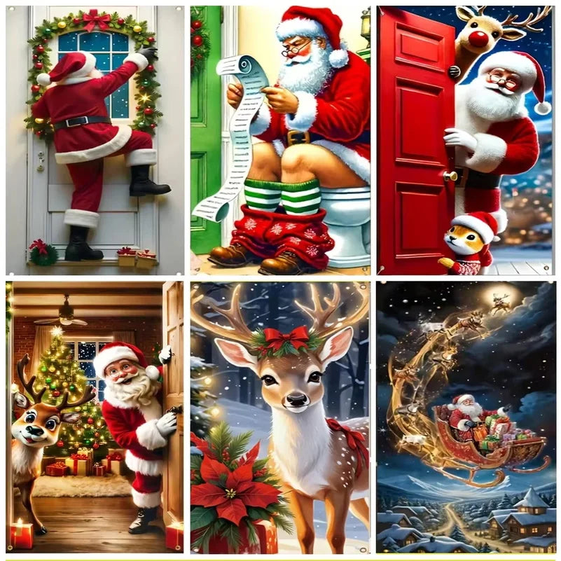 Funny Santa Christmas Door Banner, Humorous Porch Curtain Backdrop, Festive Party Hanging Decor for Garden, Bathroom, Home Xmas
