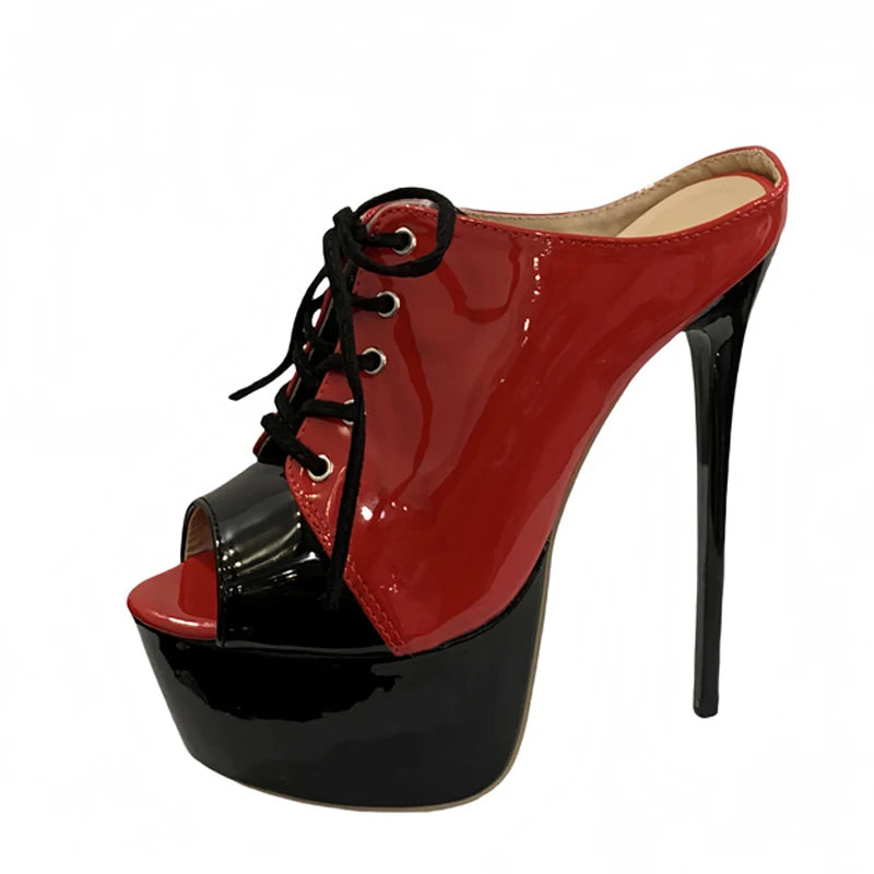 Mules donna Liyke rosse con lacci e plateau nero