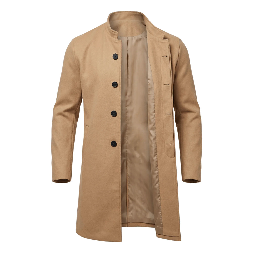 New Winter Men's Single-Breasted Invisible Button Trench Coat Knee-Length Fit Casual Streetwear Business-Appropriate Warm Jacket