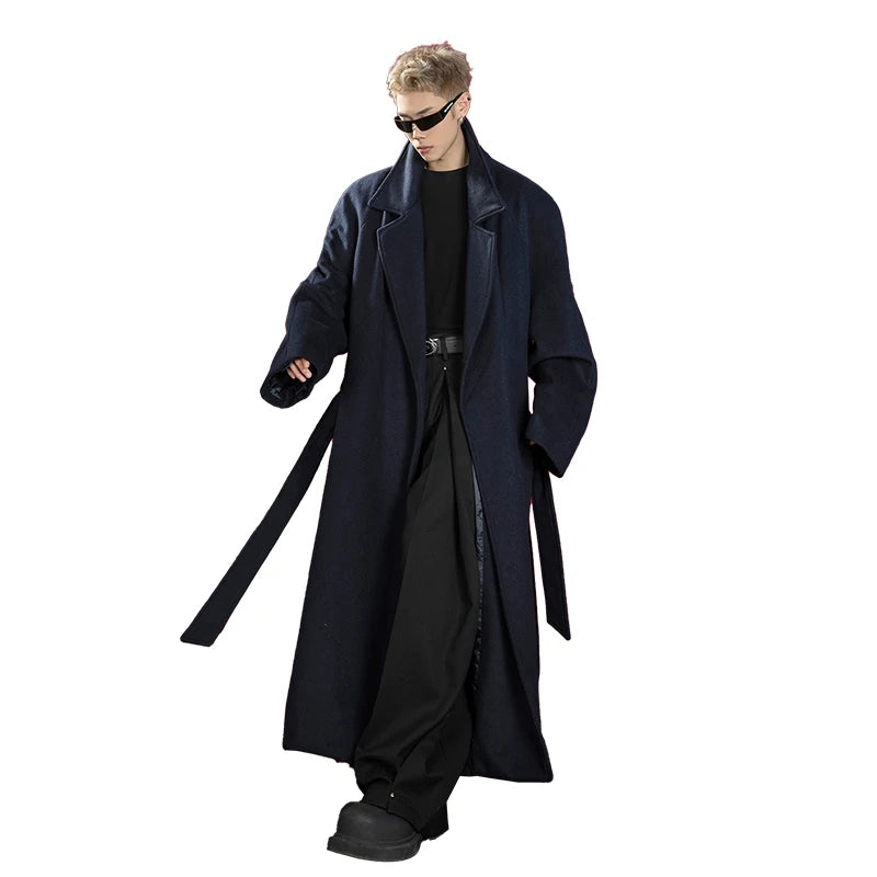Mauroicardi Autumn Winter Oversized Extra Long Warm Navy Blue Wool Blends Coat Men Loose Luxury Designer Woolen Overcoat 2024