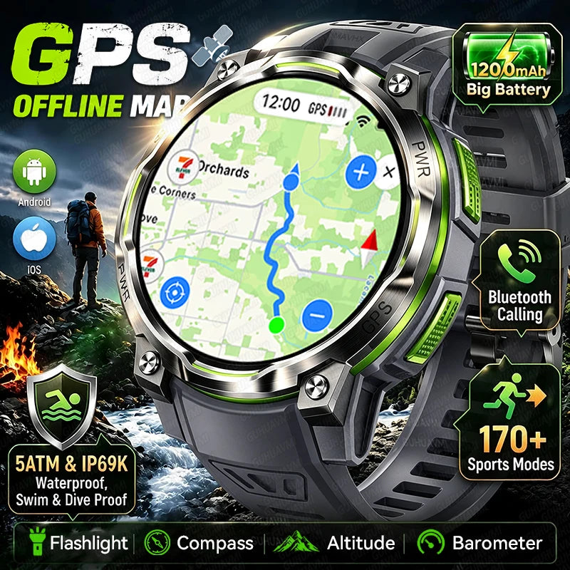2026New GPS Map Smart Navigation Watch 1200mAh Compass Altimeter Sport Watch Waterproof Bracelet ChatGPT Military Smartwatch Men