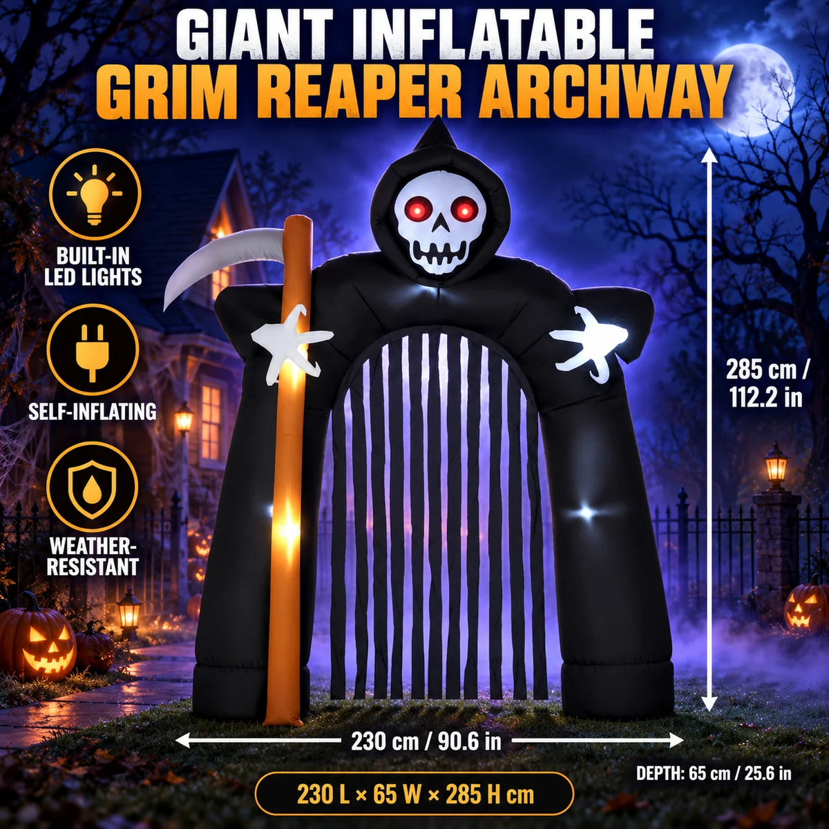 Halloween DIY-Deko 285 cm riesiger aufblasbarer Sensenmann-Torbogen mit leuchtend roten Augen und integrierten LED-Lichtern, wasserfeste, selbstaufblasende Dekoration für den Außenbereich, Garten und Eingangsbereich