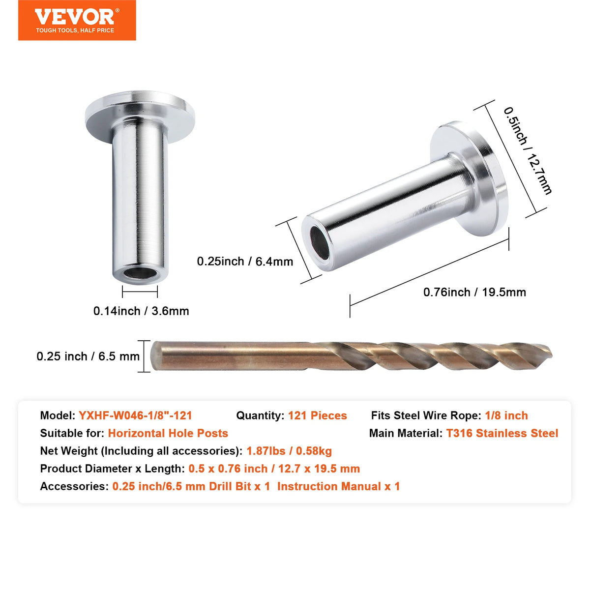 SucceBuy 121/81/101 Pack T316 Stainless Steel Protector Sleeves for 1/8" or 3/16" Wire Rope Cable Railing