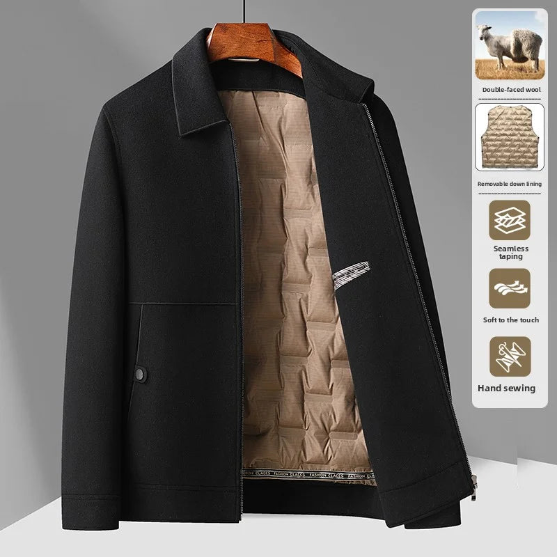 2025 Autumn/Winter New Men's Woolen Coat with Double Sided Intimate Down Inner Tank Thickened and Warm 70% Wool Fabric