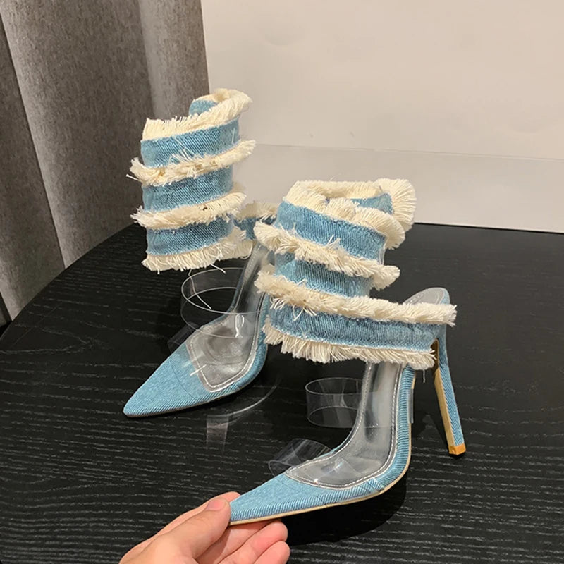 Sandali donna Liyke effetto denim con fascia a spirale