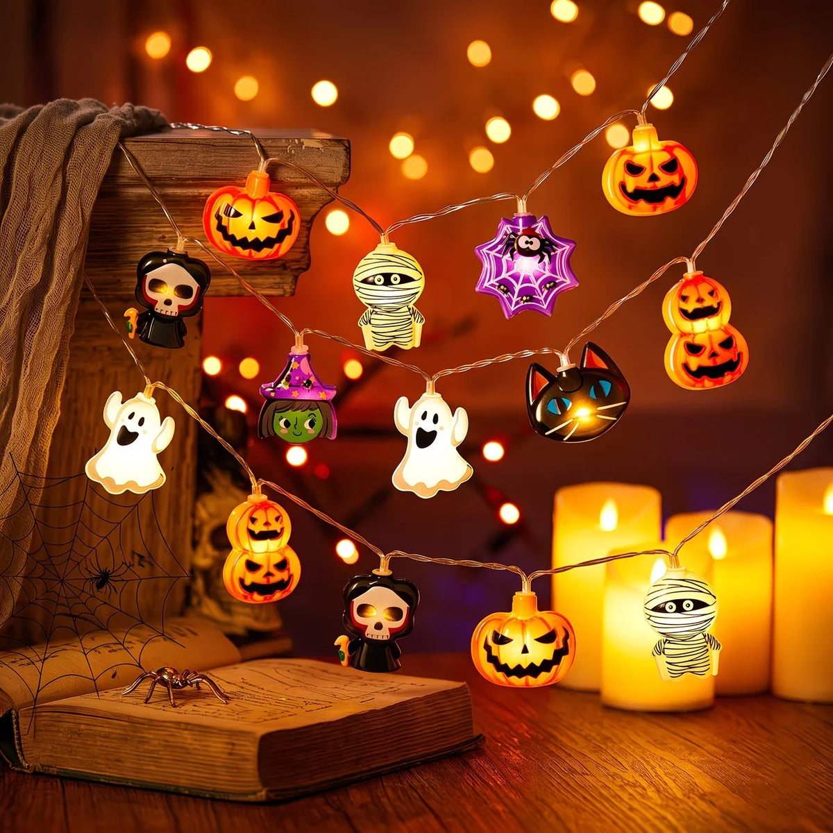 1PC Halloween LED String Lights 10/20 LED Ghost Pumpkin Spider Mummy Skeleton Fairy Lights Suitable for Holiday Party Home Decor