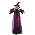 Bruja parlante de tamaño real para Halloween, bruja animatrónica morada de terror para exteriores, decoración luminosa y gritona con control por voz