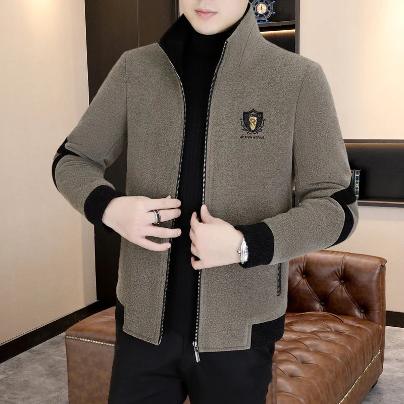 Winter Men's Woolen Jacket Splicing Stand Up Collar Wool Blends Coats Thick Warm Casual Business Social Windbreaker Overcoat