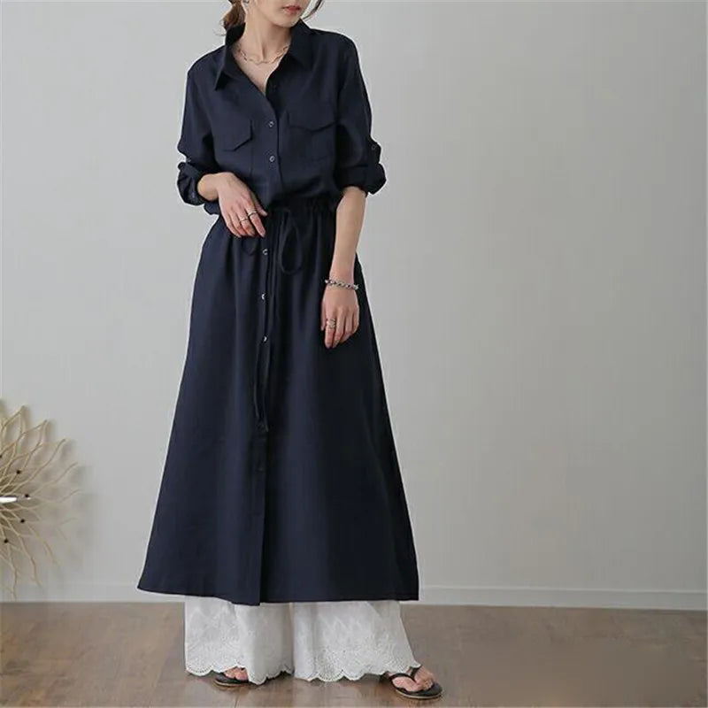 Women's Solid-Color Shirt Dress, Long Fashion Casual Dress with Lapel, Long Sleeves, Drawstring, Elastic Waist, Women's Workwear