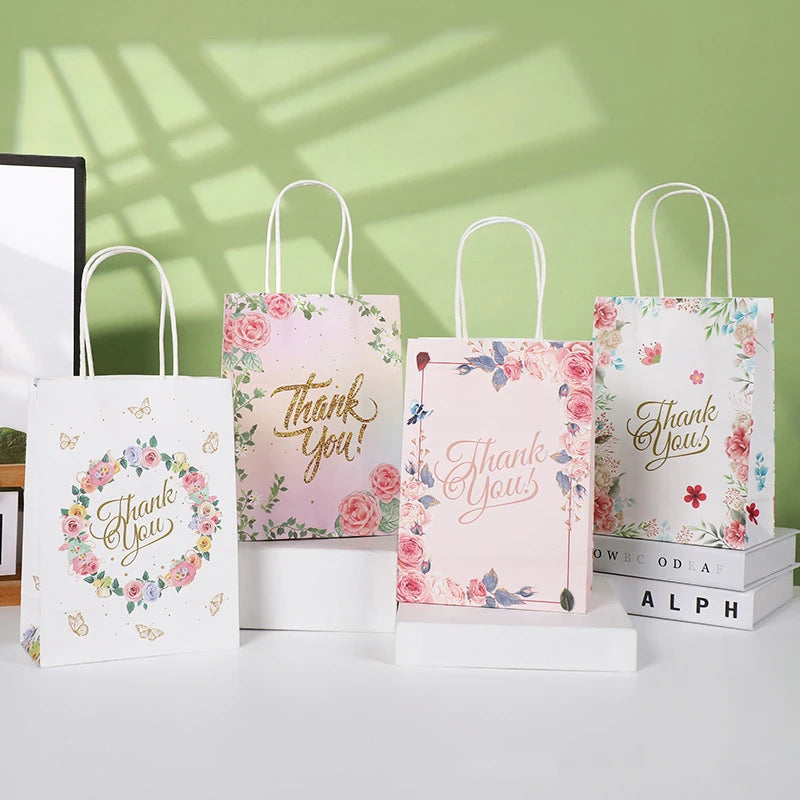 50 sacs cadeaux en papier « Merci » avec imprimé floral, anses en papier kraft, pour mariage, anniversaire, baby shower et emballage de cadeaux pour invités (lot de 50)