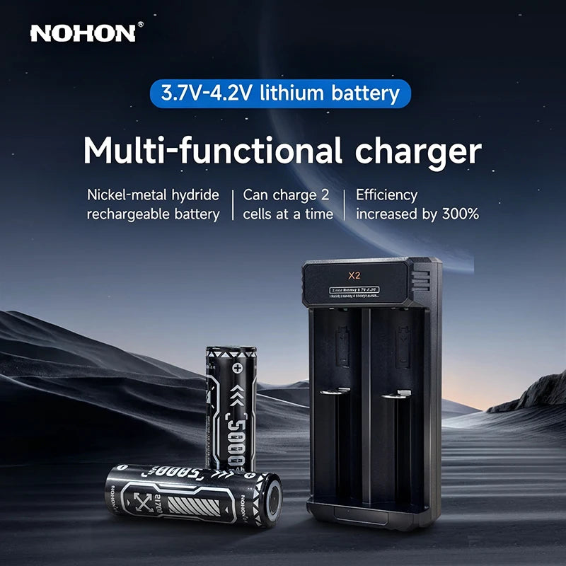 NOHON 2-4 Stück wiederaufladbare 21700-Akkus mit Ladegerät, 5000 mAh, hohe Kapazität, 30 A, lange Lebensdauer, für Haushalt/Gewerbe
