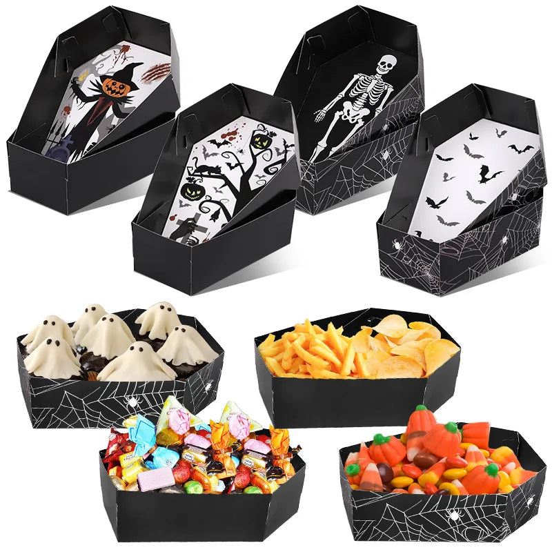 12/24 Stück Halloween Sargförmige Papier-Serviertabletts für Speisen, Süßigkeiten, Snacks, Kekse, Geschenkboxen, Trick-or-Treat Halloween-Party-Dekoration Zubehör