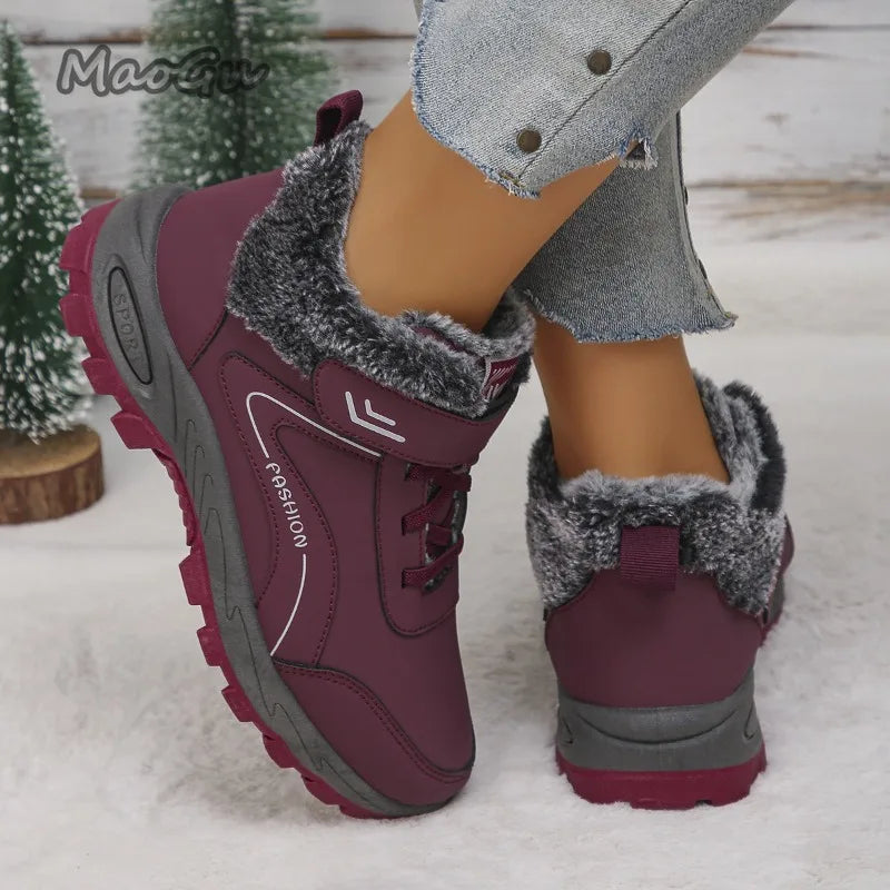 Damen-Winterstiefel, warm und kuschelig gefüttert, mit Plateau, rutschfester Sohle und Fellbesatz, knöchelhoch, für Outdoor-Aktivitäten, Größe 36