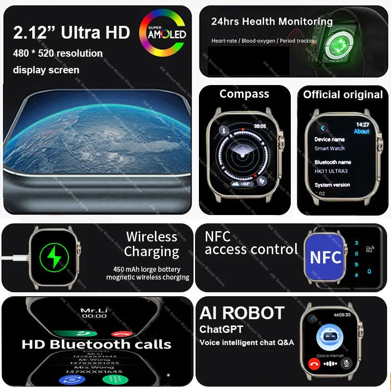 2026New Genuine HK11 ULTRA 3 Max Smartwatch 49mm AMOLED 4G ROM AI Robot Bluetooth Network Call Clock NFC Compass Smart Watch Men