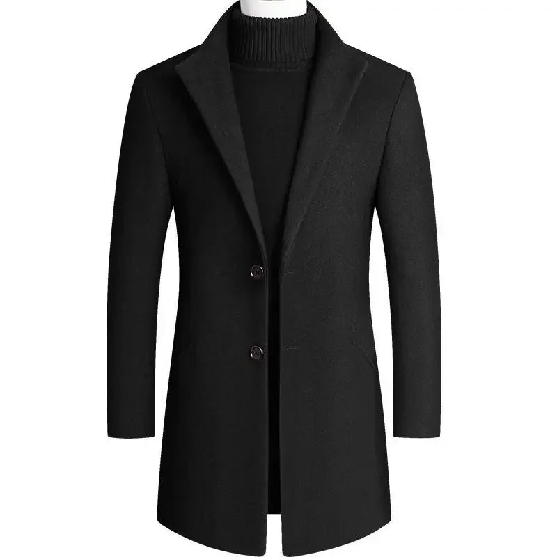 New Men's Mid Length Woolen Trench Coats Thicken Warm Business Casual Wool Blend Coats Stand Collar Slim Winter Jacket Gentleman