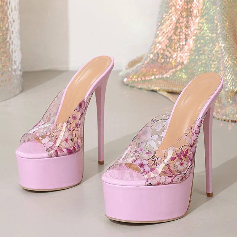 Mules donna Liyke rosa floreali con maxi plateau