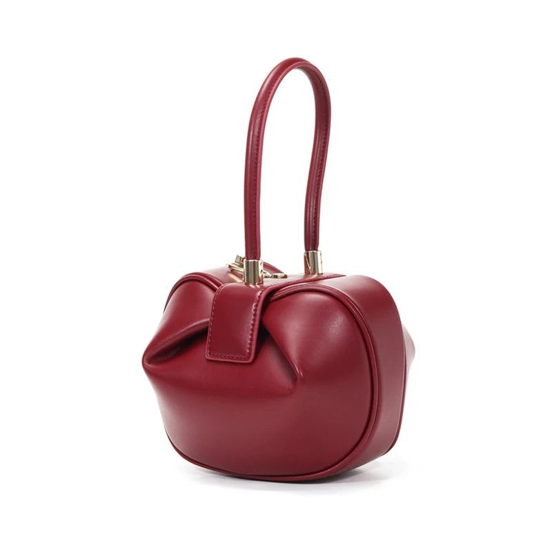 HIFASHION Small Genuine Leather Single Top Handle Bag Women Elegant Going Out Evening Party Pouch Purses Round Luxury Handbags