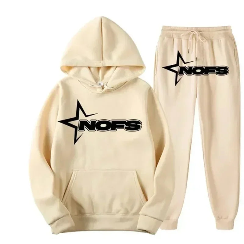 Ensemble streetwear NOFS noir imprimé étoiles avec sweat à capuche et pantalon de jogging, pour hommes et femmes