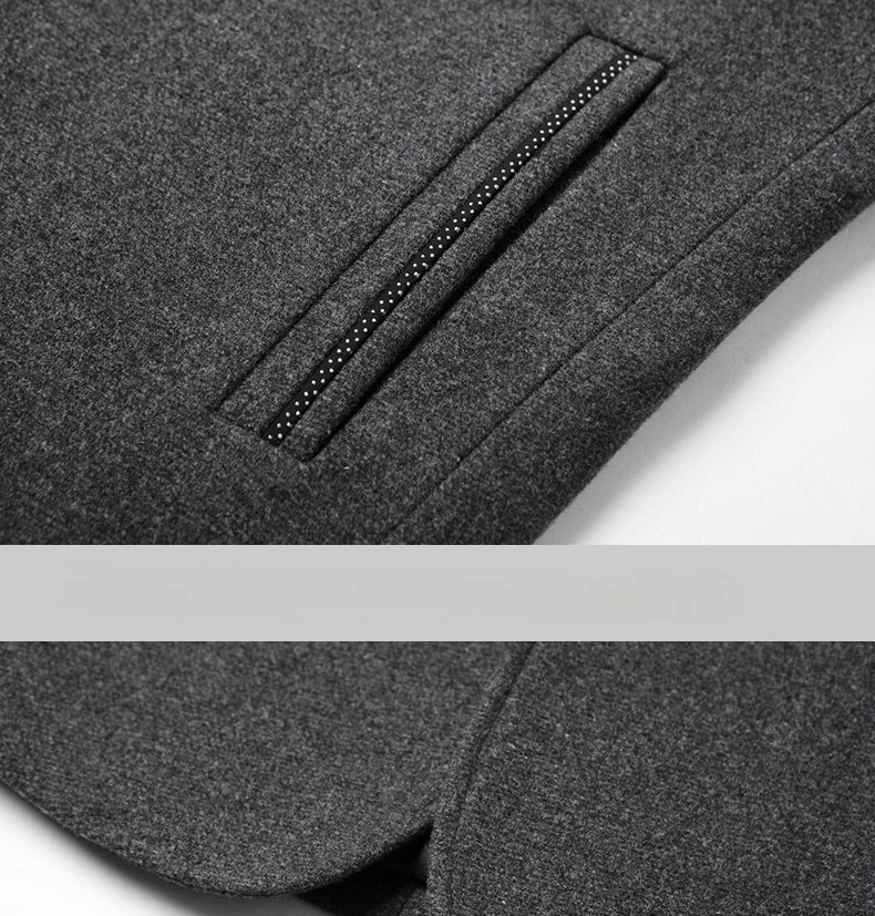 Men's Winter Wool Jacket, Single-breasted, Long-sleeved, Stand-up Collar, Business-casual Top. Gray, Black, Red Coat.