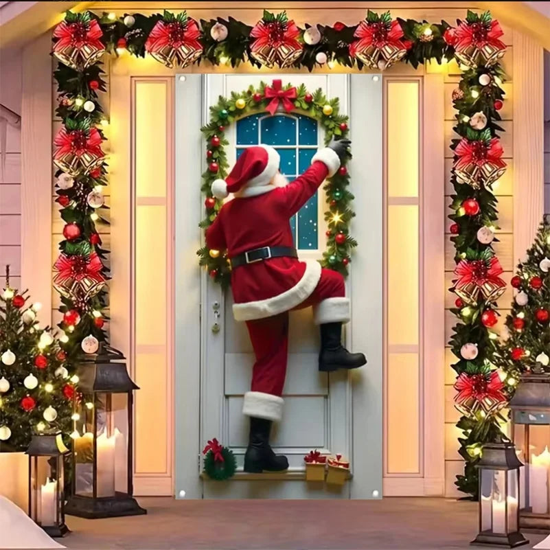 Funny Santa Christmas Door Banner, Humorous Porch Curtain Backdrop, Festive Party Hanging Decor for Garden, Bathroom, Home Xmas