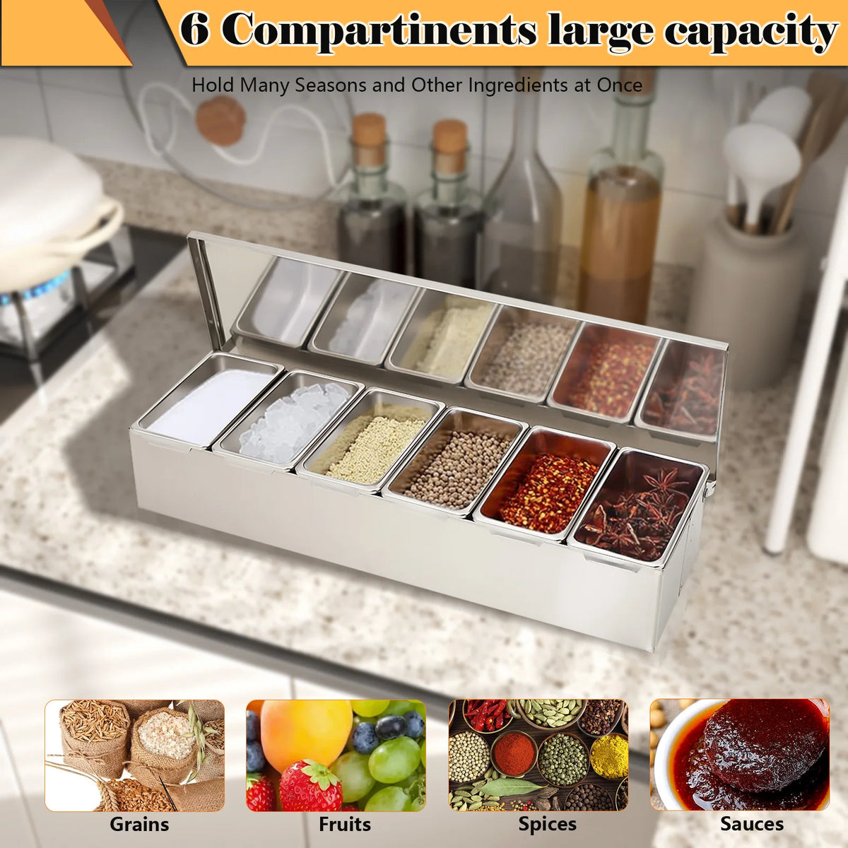 Caja de condimentos de 6 compartimentos, bandeja para ingredientes, recipiente de almacenamiento, caja de especias de acero inoxidable de gran capacidad, tarros para condimentos de cocina