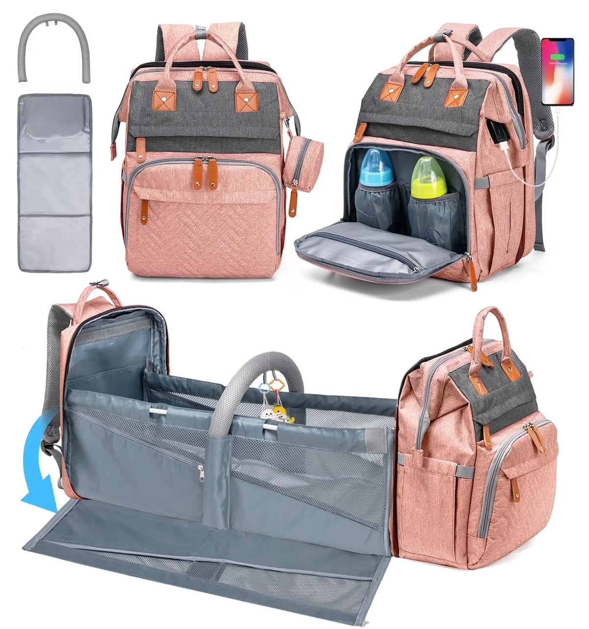 3 In 1 Diaper Bag Backpack Foldable Baby Bed Waterproof Travel Bag with USB Charge Diaper Bag Backpack with Changing Bed 3 Types