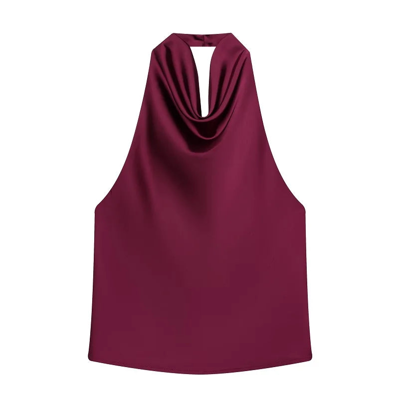 Top satinato da donna con scollo all'americana