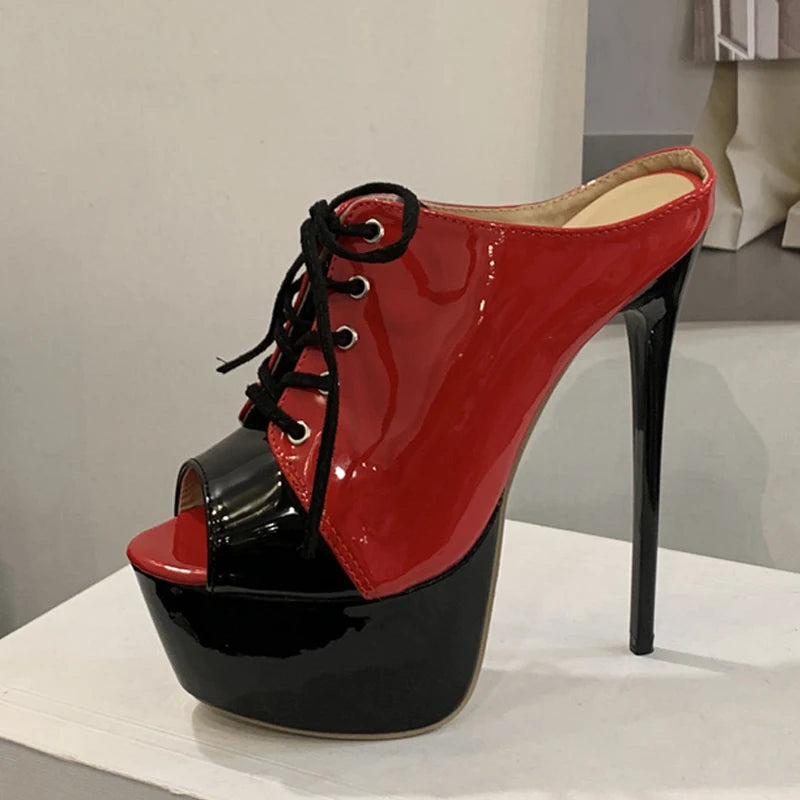 Mules donna Liyke rosse con lacci e plateau nero