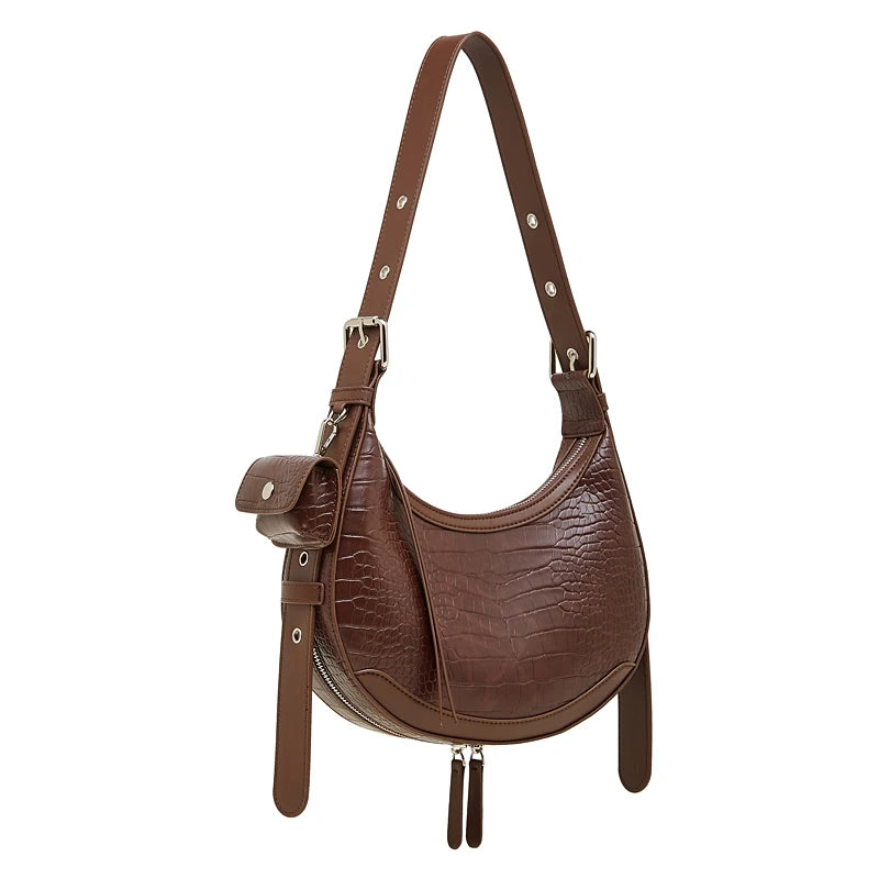 BURMINSA Vintage Croc Embossed Genuine Leather Crescent Shoulder Bag Women Half Moon Underarm Purse Going Out Crossbody Handbags