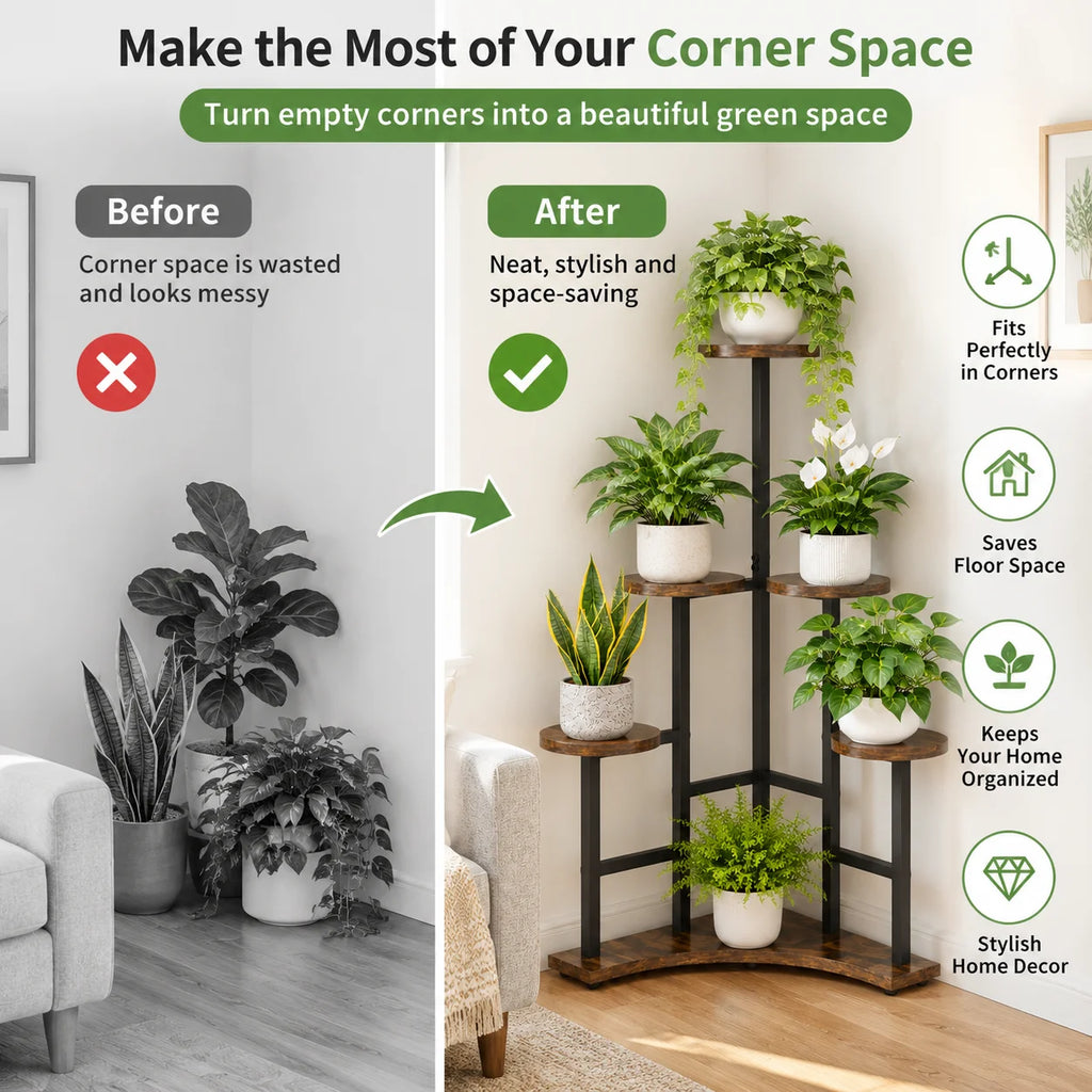 5-Tier Wooden Plant Stand, Tall Corner Flower Display Rack with Shelves