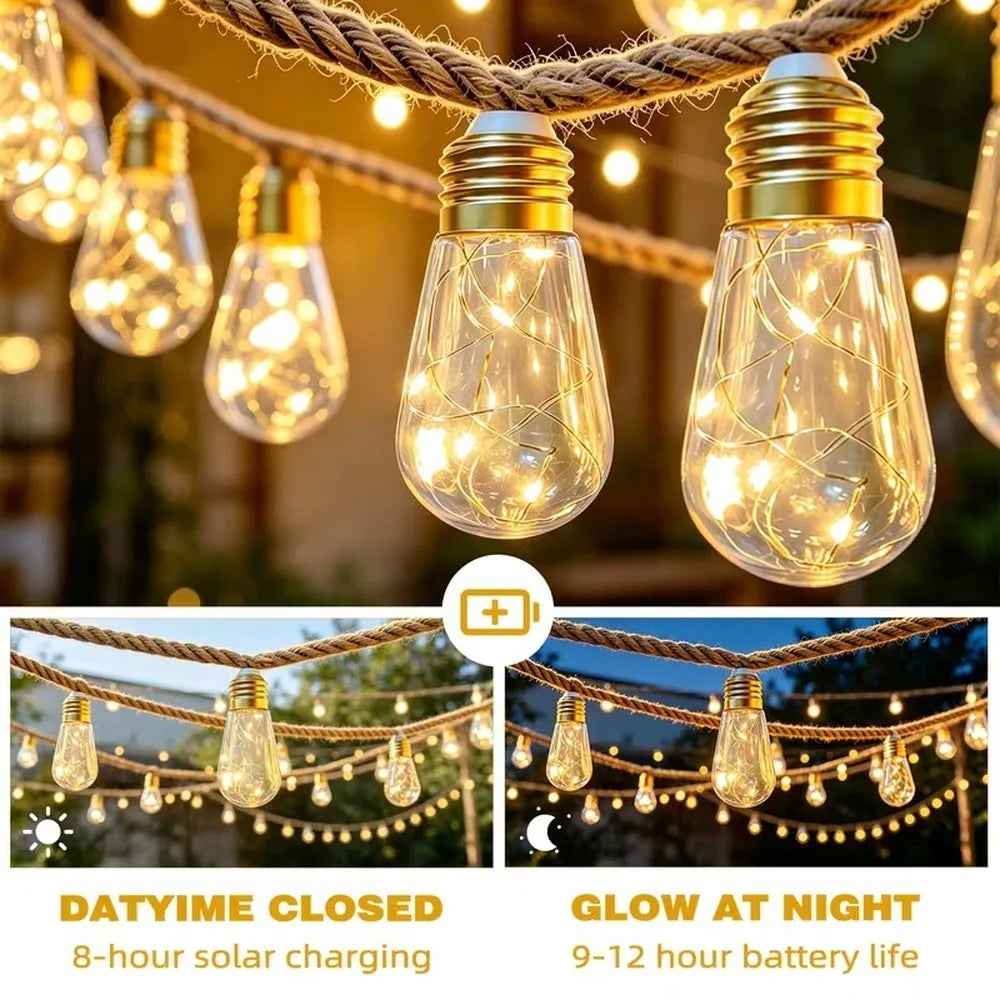 Solar-Lichterkette mit Edison-Glühbirnen und Hanfseil, warmweiß, solarbetrieben, für Garten, Terrasse, Veranda, Hof und Halloween-Dekoration