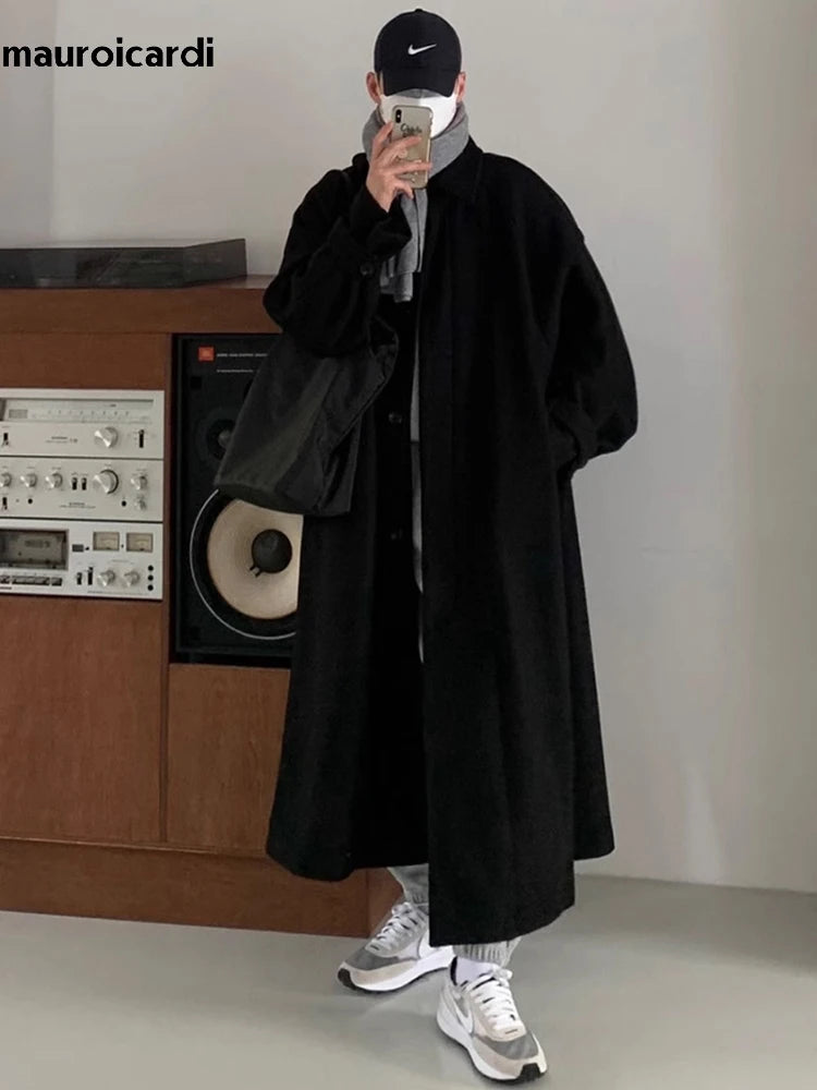 Mauroicardi Autumn Winter Long Warm Grey Black Slouchy Woolen Coat Men Single Breasted Loose Casual Wool Blends Overcoat 2023