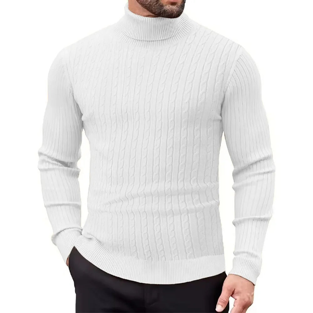 Men's Turtleneck Jacquard Sweater Warm Soft Fabric Slim Fit  Autumn Winter Male Knitted Pullover Classic Simple Style Knitwear