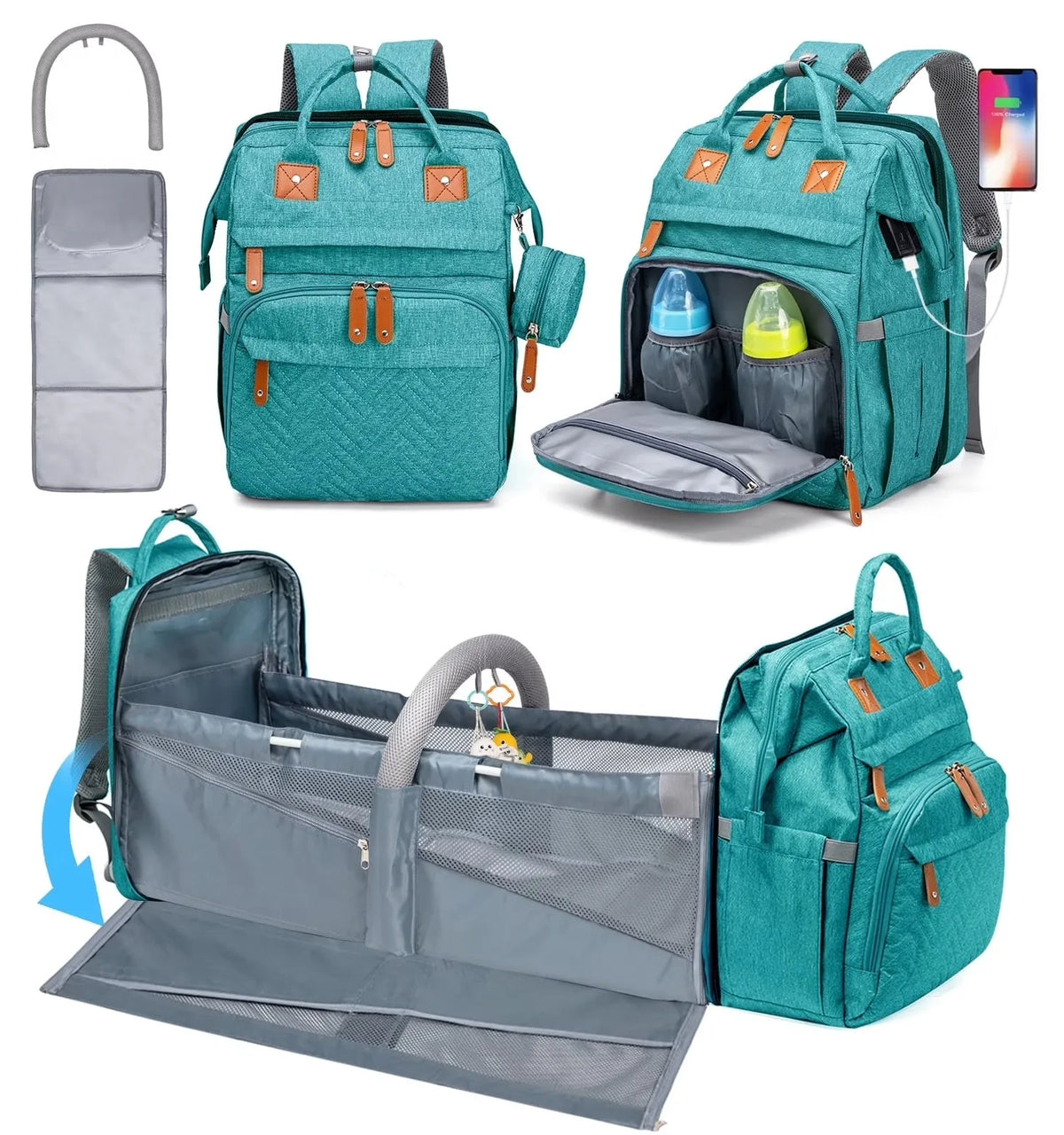 3 In 1 Diaper Bag Backpack Foldable Baby Bed Waterproof Travel Bag with USB Charge Diaper Bag Backpack with Changing Bed 3 Types