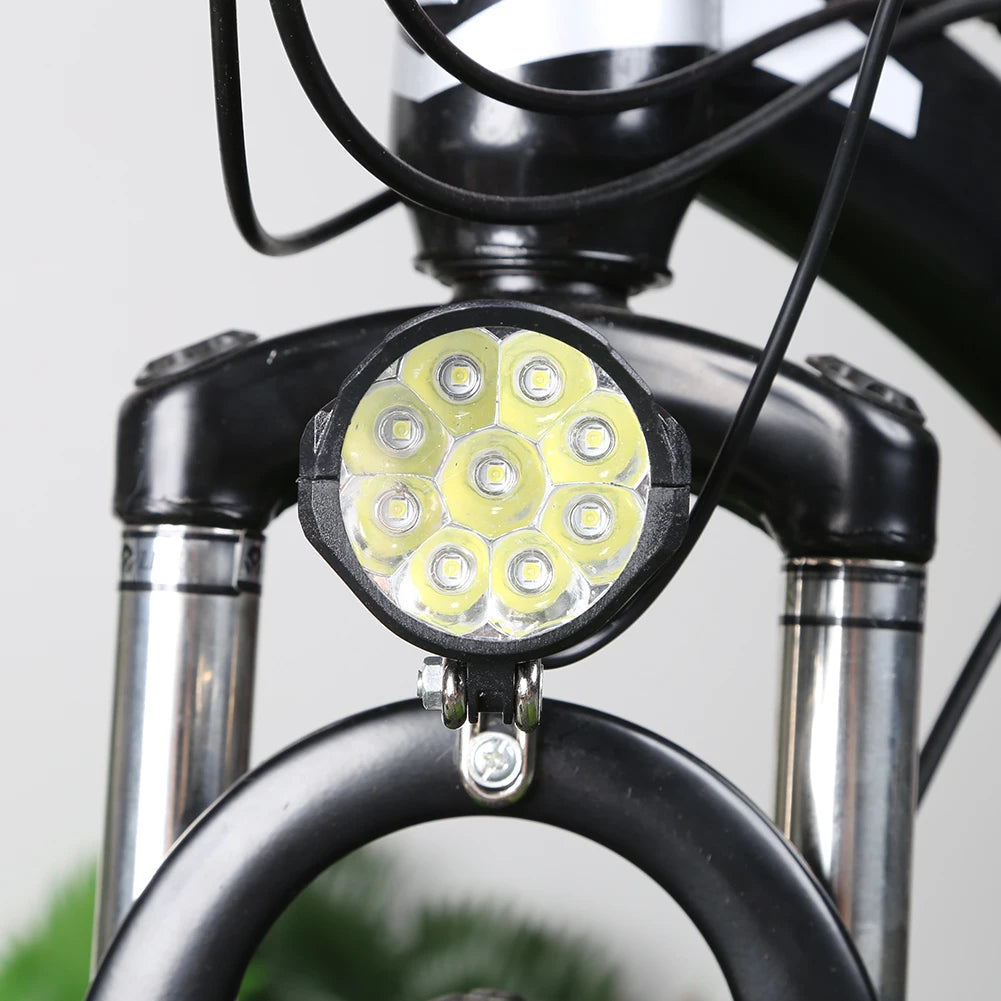 Faro delantero para bicicleta eléctrica 36V 48V 60V, 9 LED, 18W, 2 en 1 con bocina y luz, interruptor para patinete, luz de seguridad para bicicleta