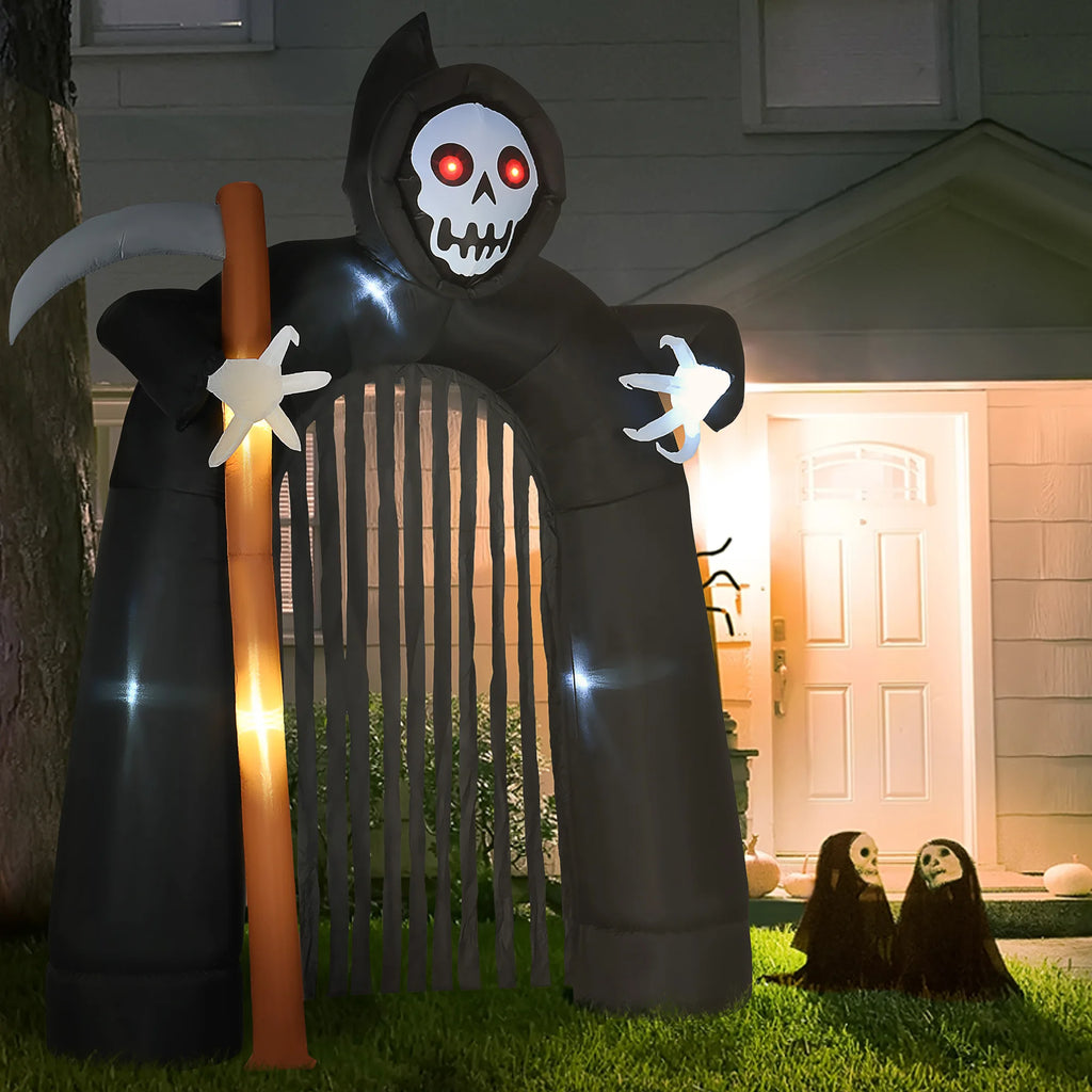Halloween DIY-Deko 285 cm riesiger aufblasbarer Sensenmann-Torbogen mit leuchtend roten Augen und integrierten LED-Lichtern, wasserfeste, selbstaufblasende Dekoration für den Außenbereich, Garten und Eingangsbereich