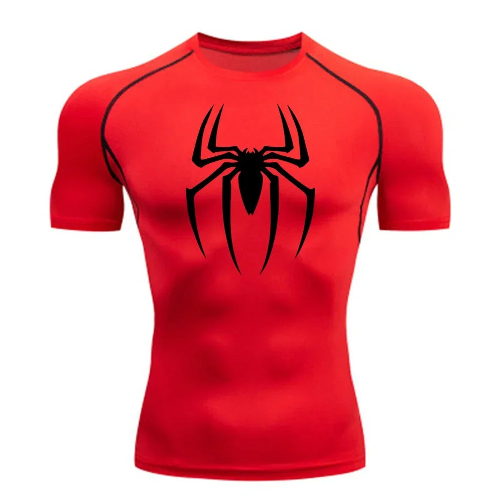2023Men's Spider Print Compression Shirt, Quick Dry T-Shirt, Gym Running Jersey, Breathable Short Sleeve, Spring, Summer, S-3XL